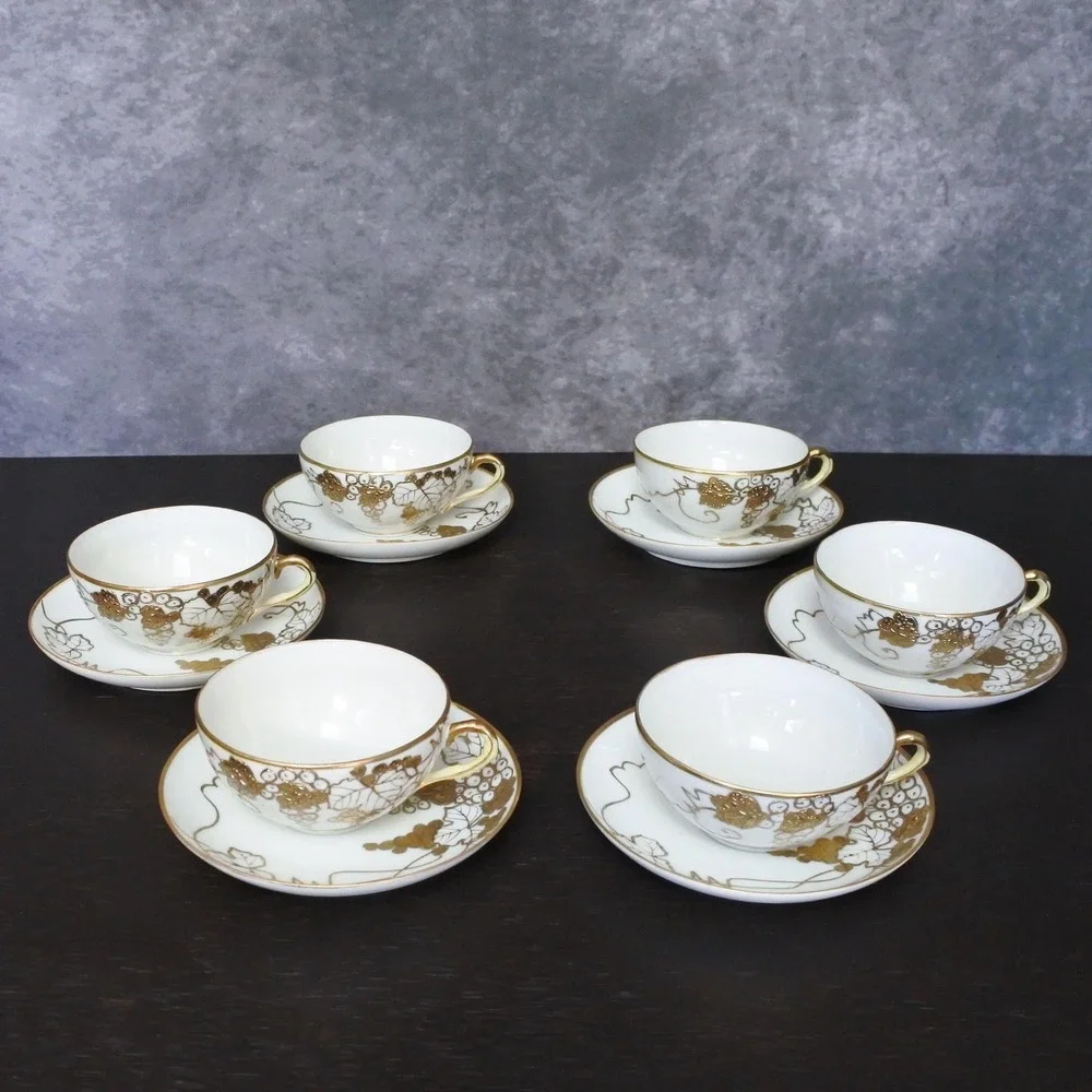 Antique Japanese T.S. Nippon Porcelain Gold Moriage Grape Leaf Tea Set